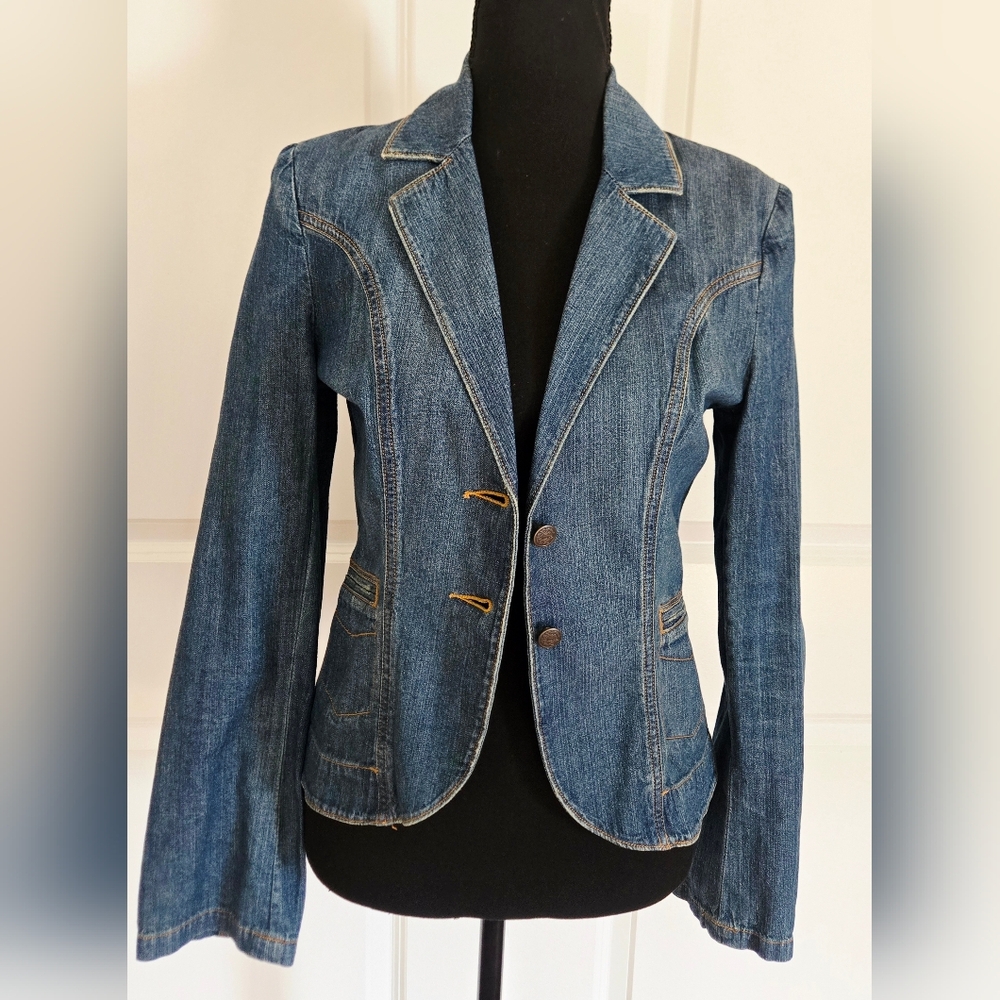 EXPRESS Vintage Jean Blazer Embroidered Detail Sz Sm